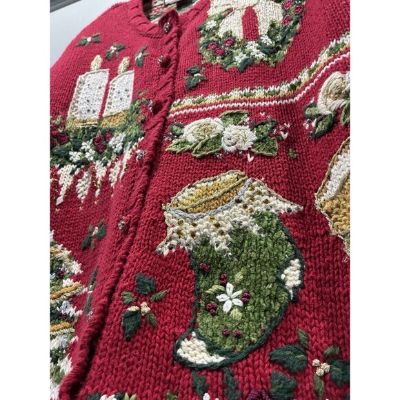 Tiara Int’l XL Red Christmas Cardigan Sweater Beaded Embroidered Holiday Ramie - Picture 4 of 7